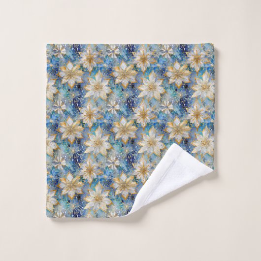 ブルーホワイト金ゴールドクリスマスポインセティアス バスタオルセット (ウォッシュタオル)