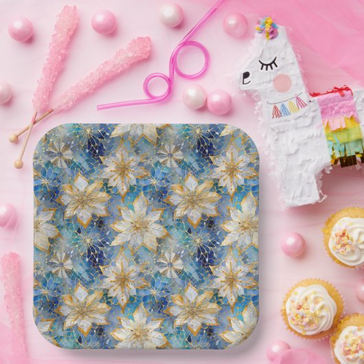 ブルーホワイト金ゴールドクリスマスポインセティアス ペーパープレート (パーティー)