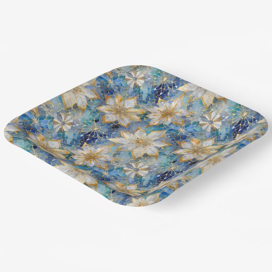 ブルーホワイト金ゴールドクリスマスポインセティアス ペーパープレート (傾斜あり)