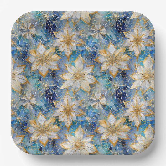 ブルーホワイト金ゴールドクリスマスポインセティアス ペーパープレート (正面)