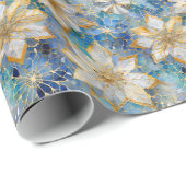 ブルーホワイト金ゴールドクリスマスポインセティアス ラッピングペーパー (ロールコーナー)