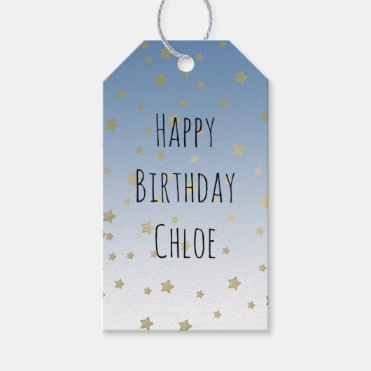 ブルーホワイト金ゴールドスターズ誕生日 ギフトタグ (正面)
