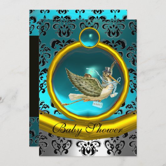 ブルーホワイト金ゴールドダマスクストコウノトリ赤ちゃんシャワーモノグラム 招待状 (正面/裏面)