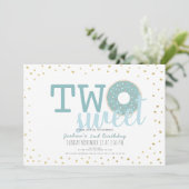 ブルーホワイト金ゴールドドーナツ2つのスウィートボーイ2nd誕生日 招待状 (スタンド正面)