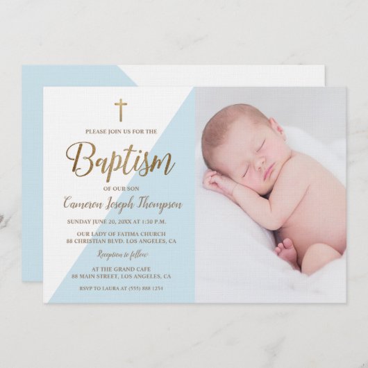 ブルーホワイト金ゴールドバプテスマ男の赤ちゃん写真 招待状 (正面/裏面)