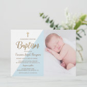 ブルーホワイト金ゴールドバプテスマ男の赤ちゃん写真 招待状 (スタンド正面)
