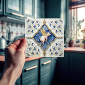 ブルーホワイト金ゴールドピグ中世スクロール タイル