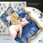 ブルーホワイト金ゴールドピグ中世スクロール タイル