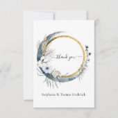 ブルーホワイト金ゴールドフローラウォーターカラーボホ結婚ズ サンキューカード (正面)