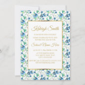 ブルーホワイト金ゴールドフローラトランクパーティー招待状 招待状 (正面)