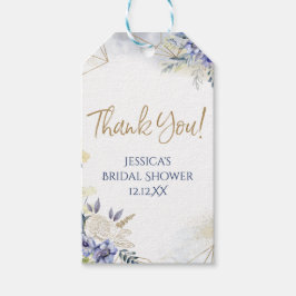 ブルーホワイト金ゴールドフローラバラ水彩ありがとう ギフトタグ