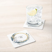 ブルーホワイト金ゴールドフローラモノグラムボホ結婚ズ スクエアペーパーコースター (インサイチュ)
