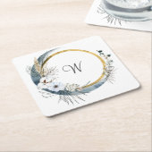 ブルーホワイト金ゴールドフローラモノグラムボホ結婚ズ スクエアペーパーコースター (アングル)