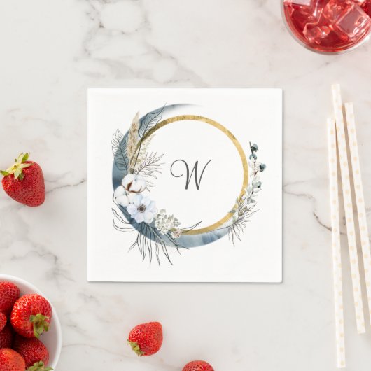 ブルーホワイト金ゴールドフローラモノグラムボホ結婚ズ スタンダードカクテルナプキン (インサイチュ)