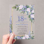 ブルーホワイト金ゴールドフローラ18th誕生日 アクリル招待状<br><div class="desc">この18歳の誕生日パーティーエレガントの招待でフェミニン特別な女性を尊重する。18日は大書青文字。誕生祝い後を追。ゲストの名前も青い大文字で表記されている。残りの文字は柔らかいハト灰色。誕生祝い詳細は、白いバラと青い花が咲き乱れたシックな金ゴールドフレームに囲まれている。フローラ素子は深い緑色の離れ層である。デザインの間伝統的に、開いた風通しの良い植物性の葉と文字与えはバイブコンテンポラリーだ。招待は戻ってほとんど深い青だ。</div>