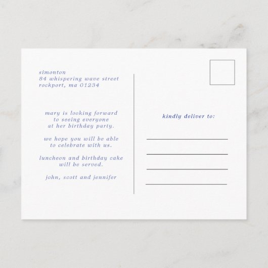 ブルーホワイト金ゴールドフローラ19thサプライズ誕生日 インビテーションポストカード (裏面)