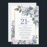 ブルーホワイト金ゴールドフローラ21stバースデーディナー 招待状<br><div class="desc">この21歳の誕生日ディナーエレガントの招待でフェミニン特別な女性を尊重する。21位は大書青文字。誕生祝い後を追。ゲストの名前も青い大文字で表記されている。残りの文字は柔らかいハト灰色。誕生祝い詳細は、白いバラと青い花が咲き乱れたシックな金ゴールドフレームに囲まれている。フローラ素子は深い緑色の離れ層である。</div>