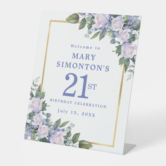 ブルーホワイト金ゴールドフローラ21st誕生日へようこそ 台座サイン (正面)
