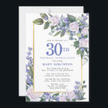 ブルーホワイト金ゴールドフローラ30th Birthday Dinner 招待状<br><div class="desc">30歳の誕生日ディナーエレガントの招待でフェミニン特別な女性を尊重する。30日は大書青文字。誕生祝い後を追。ゲストの名前も青い大文字で表記されている。残りの文字は柔らかいハト灰色。誕生祝い詳細は、白いバラと青い花が咲き乱れたシックな金ゴールドフレームに囲まれている。フローラ素子は深い緑色の離れ層である。</div>