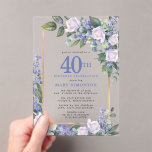 ブルーホワイト金ゴールドフローラ40th Birthday アクリル招待状<br><div class="desc">この40歳の誕生日エレガントパーティの招待状で特別な女フェミニン性を称える。40日は大書青文字。誕生祝い後を追。ゲストの名前も青い大文字で表記されている。残りの文字は柔らかいハト灰色。誕生祝い詳細は、白いバラと青い花が咲き乱れたシックな金ゴールドフレームに囲まれている。フローラ素子は深い緑色の離れ層である。デザインの間伝統的に、開いた風通しの良い植物性の葉と文字与えはバイブコンテンポラリーだ。招待は戻ってほとんど深い青だ。</div>