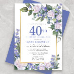 ブルーホワイト金ゴールドフローラ40th Birthday 招待状<br><div class="desc">この40歳の誕生日エレガントパーティの招待状で特別な女フェミニン性を称える。40日は大書青文字。誕生祝い後を追。ゲストの名前も青い大文字で表記されている。残りの文字は柔らかいハト灰色。誕生祝い詳細は、白いバラと青い花が咲き乱れたシックな金ゴールドフレームに囲まれている。フローラ素子は深い緑色の葉層である。デザインの間伝統的に、開いた風通しの良い植物性の葉と文字与えはバイブコンテンポラリーだ。戻る招待は深いブルー。</div>