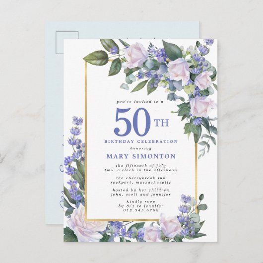 ブルーホワイト金ゴールドフローラ50th誕生日パーティー インビテーションポストカード (正面/裏面)