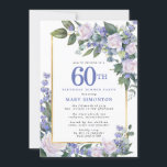 ブルーホワイト金ゴールドフローラ60th誕生日ディナー 招待状<br><div class="desc">60回目のディナーエレガントの招フェミニン待で特別な女性に敬意を表す。60日は大書青文字。誕生祝い後を追。ゲストの名前も青い大文字で表記されている。残りの文字は柔らかいハト灰色。誕生祝い詳細は、白いバラと青い花が咲き乱れたシックな金ゴールドフレームに囲まれている。フローラ素子は深い緑色の離れ層である。</div>