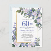 ブルーホワイト金ゴールドフローラ60th誕生日パーティー インビテーションポストカード (正面/裏面)