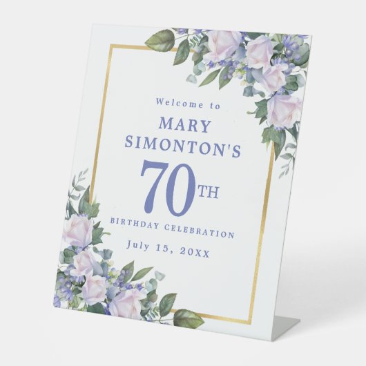 ブルーホワイト金ゴールドフローラ70th誕生日へようこそ 台座サイン (正面)