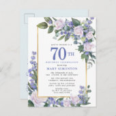 ブルーホワイト金ゴールドフローラ70th誕生日パーティー インビテーションポストカード (正面/裏面)