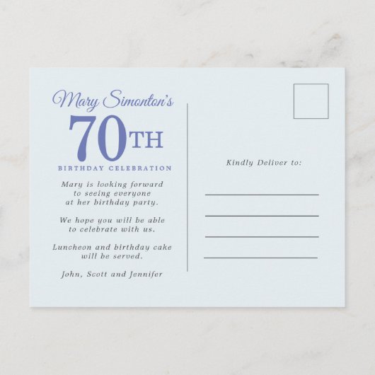 ブルーホワイト金ゴールドフローラ70th誕生日パーティー インビテーションポストカード (裏面)