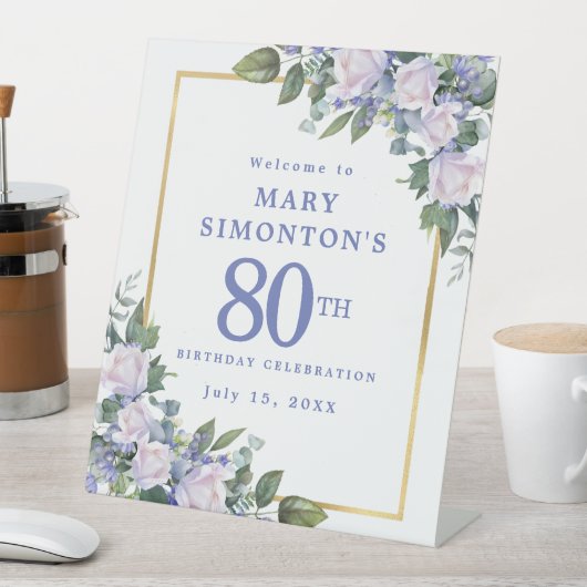 ブルーホワイト金ゴールドフローラ80th誕生日へようこそ 台座サイン (インサイチュ)