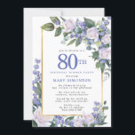 ブルーホワイト金ゴールドフローラ80th誕生日ディナー 招待状<br><div class="desc">80回目のディナー招エレガント待とフェミニン一緒に特別な女性を敬う。80日は大書青文字。誕生祝い後を追。ゲストの名前も青い大文字で表記されている。残りの文字は柔らかいハト灰色。誕生祝い詳細は、白いバラと青い花が咲き乱れたシックな金ゴールドフレームに囲まれている。フローラ素子は深い緑色の離れ層である。</div>