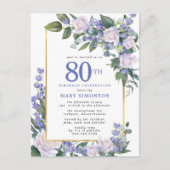 ブルーホワイト金ゴールドフローラ80th誕生日パーティー インビテーションポストカード (正面)