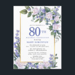 ブルーホワイト金ゴールドフローラ80th誕生日パーティー インビテーションポストカード<br><div class="desc">この誕生日と80回目のエレガントパーティーの招待フェミニンで特別な女性を尊重する。80日は大書青文字。誕生祝い後を追。ゲストの名前も青い大文字で表記されている。残りの文字は柔らかいハト灰色。誕生祝い詳細はシックな金ゴールドフレームに囲まれ、白いバラと青い花が緑の飾花に囲ま葉れている。デザインの間伝統的に、開いた風通しの良い植物性の葉と文字与えはバイブコンテンポラリーだ。ポストカードバックには、パーティーを記述するために使用できる個人メッセージが含まれている。</div>