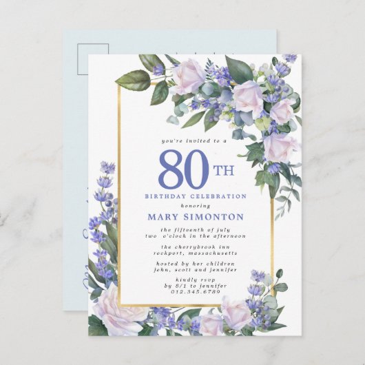 ブルーホワイト金ゴールドフローラ80th誕生日パーティー インビテーションポストカード (正面/裏面)
