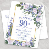 ブルーホワイト金ゴールドフローラ90thサプライズ誕生日 インビテーションポストカード
