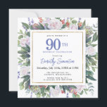 ブルーホワイト金ゴールドフローラ90th誕生日スクエア 招待状<br><div class="desc">この90歳の誕生日パーティーエレガントの招待でフェミニン特別な女性を尊重する。90日は大書青文字。誕生祝い後を追。ゲストの名前はスクリプ書トフォントにモダンある。残りの文字は柔らかいハト灰色。誕生祝い詳細は、白いバラと青い花が咲き乱れたシックな金ゴールドフレームに囲まれている。フローラ素子は深い緑色の離れ層である。デザインの間伝統的に、開いた風通しの良い植物性の葉と文字与えはバイブコンテンポラリーだ。招待は戻ってほとんど深い青だ。</div>