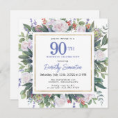 ブルーホワイト金ゴールドフローラ90th誕生日スクエア 招待状 (正面/裏面)