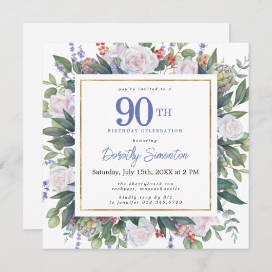 ブルーホワイト金ゴールドフローラ90th誕生日スクエア 招待状 (正面/裏面)