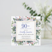 ブルーホワイト金ゴールドフローラ90th誕生日スクエア 招待状 (スタンド正面)