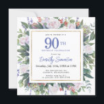 ブルーホワイト金ゴールドフローラ90th誕生日スクエア 招待状<br><div class="desc">この90歳の誕生日パーティーエレガントの招待でフェミニン特別な女性を尊重する。90日は大書青文字。誕生祝い後を追。ゲストの名前はスクリプ書トフォントにモダンある。残りの文字は柔らかいハト灰色。誕生祝い詳細は、白いバラと青い花が咲き乱れたシックな金ゴールドフレームに囲まれている。フローラ素子は深い緑色の離れ層である。デザインの間伝統的に、開いた風通しの良い植物性の葉と文字与えはバイブコンテンポラリーだ。招待は戻ってほとんど深い青だ。</div>