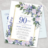 ブルーホワイト金ゴールドフローラ90th誕生日パーティー インビテーションポストカード