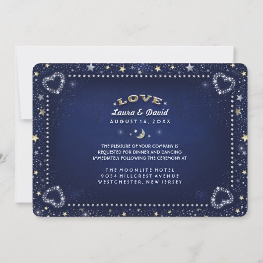 ブルーホワイト金ゴールドムーンスターズ披露宴情報オン背面 招待状 (裏面)