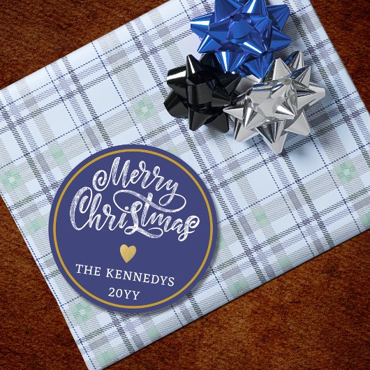 ブルーホワイト金ゴールドメリークリスマス ラウンドシール