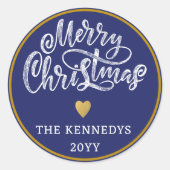 ブルーホワイト金ゴールドメリークリスマス ラウンドシール (正面)