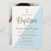 ブルーホワイト金ゴールドモダン男の赤ちゃんフォトバプテスマ 招待状 (正面/裏面)