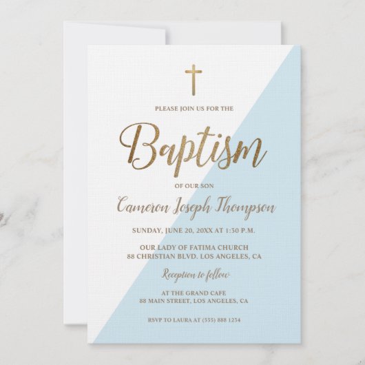 ブルーホワイト金ゴールドモダン男の赤ちゃんフォトバプテスマ 招待状 (正面)