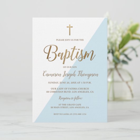 ブルーホワイト金ゴールドモダン男の赤ちゃんフォトバプテスマ 招待状 (スタンド正面)