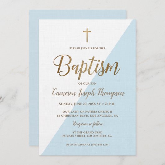 ブルーホワイト金ゴールドモダン男の赤ちゃんNoフォトバプテスマ 招待状 (正面/裏面)